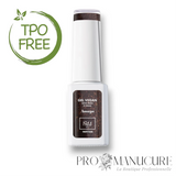 Vernis semi-permanent 1944 Paris Gel Vegan teinte Amaya NGV268.  une couleur marron chocolat intense aux micro-paillettes dorées scintillantes. Formule sans Hema et sans TPO, format 7ml.
