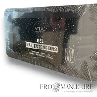 Boîte de 600 capsules Atlas Gel Nail Extensions modèle Long Coffin transparentes pour pose américaine professionnelle.