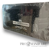 Boîte de 600 capsules Atlas Gel Nail Extensions modèle Long Coffin transparentes pour pose américaine professionnelle.