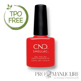 Flacon de vernis semi-permanent CND Shellac Poppy Fields, teinte rouge orangé vif et crémeux, format 7,3ml, formule sans TPO.