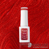 Résultat gel vegan cat eye Mirella 1944 Paris rouge feu étincelant reflets dorés sur ongles naturels