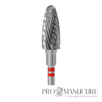 Zoom embout carbure Staleks FT91R060/14 corn gauchère sens antihoraire grain rouge pour dépose délicate gel acrylique et finition