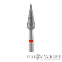 Zoom sur l'embout diamanté Staleks Pro FA100R040/12 grain fin rouge avec pictogramme diamond et code couleur abrasif pour manucure