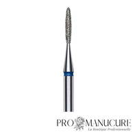 Zoom embout diamant Staleks FA10B014/8 forme flame pointe arrondie ultra-fine maximum grain moyen pour travail sillons latéraux les plus serrés ongles enfants et finition pédiatrique de précision millimétrique