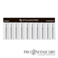 Pack - Embout diamant Staleks Pro Expert FA10B016/8 flamme flame pointe arrondie bague bleue grain moyen diamètre 1,6 mm partie active 8 mm format ultra-fin pour manucure russe combinée sécurisée petits ongles enfants