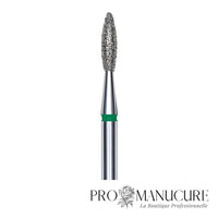 Zoom embout diamant Staleks FA10G021/8 forme flame pointe arrondie pour soulèvement cuticules rugueuses retrait ptérygion épais et travail décollements sillons latéraux pédicurie intensive