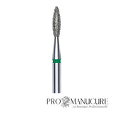 Zoom embout diamant Staleks FA10G021/8 forme flame pointe arrondie pour soulèvement cuticules rugueuses retrait ptérygion épais et travail décollements sillons latéraux pédicurie intensive