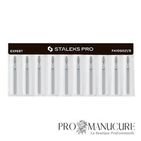 Pack - Embout diamant Staleks Pro Expert FA10G021/8 flamme flame pointe arrondie bague verte grain dur diamètre 2,1 mm partie active 8 mm pour dépose rapide gel polish et travail intensif cuticules