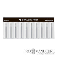 Pack - Embout diamant Staleks Pro Expert FA10R016/8 flamme flame pointe arrondie bague rouge grain doux diamètre 1,6 mm partie active 8 mm format ultra-fin pour manucure russe combinée sécurité ultime ongles enfants fragiles