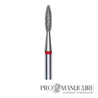 Zoom embout diamant Staleks FA10R021/8 forme flame pointe arrondie sécurisée grain doux pour soulèvement cuticules délicat retrait ptérygion et manucure russe combinée clientes sensibles quotidienne