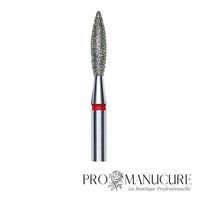 Zoom embout diamant Staleks FA10R023/10 forme flame pointe arrondie sécurisée grain doux partie active longue pour soulèvement cuticules délicat ongles longs et manucure russe combinée clientes sensibles