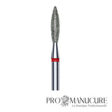Zoom embout diamant Staleks FA10R023/10 forme flame pointe arrondie sécurisée grain doux partie active longue pour soulèvement cuticules délicat ongles longs et manucure russe combinée clientes sensibles