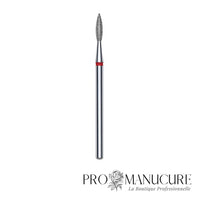 Embout diamant Staleks Pro Expert FA11R021/8 flamme pointue pointed flame bague rouge grain doux diamètre 2,1 mm partie active 8 mm pour travail péri-unguéal délicat ongles fragiles et débutantes