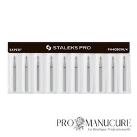 Pack - Embout diamant Staleks Pro Expert FA40B016/4 goutte drop bague bleue grain moyen diamètre 1,6 mm partie active 4 mm format fin combinaison ball et flame pour cuticule petits ongles et sillons latéraux serrés