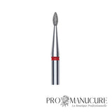Zoom embout diamant Staleks FA40R016/4 forme micro drop base ronde et pointe effilée grain doux rouge pour ouverture sécurisée des sinus péri-unguéaux complexes et nettoyage des sillons latéraux très serrés