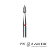 Zoom embout diamant Staleks FA40R023/5 forme drop base ronde et pointe effilée grain doux pour ouverture sinus péri-unguéaux retrait ptérygion sécurisé et manucure russe peaux fines normales