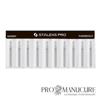 Pack - Embout diamant Staleks Pro Expert FA50R012/3 bourgeon arrondi rounded bud bague rouge grain doux diamètre 1,2 mm partie active 3 mm format ultra-fin pour manucure pédiatrique triple sécurité ongles enfants ultra-fragiles