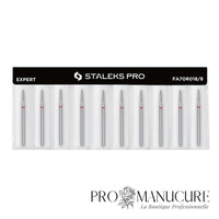 Pack - Embout diamant Staleks Pro Expert FA70R018/8 cône tronqué frustum bague rouge grain doux diamètre 1,8 mm partie active 8 mm format compact pour soulèvement cuticules délicat ongles fragiles débutantes
