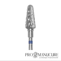 Zoom embout carbure Staleks FT70B060/14 forme frustum sommet plat côtés inclinés base large pour dépose semi-permanent raccourcissement bord libre travail sillons et préparation pédicurie polyvalente