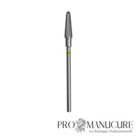 Embout carbure Staleks Pro Expert FT70Y040/13 cône tronqué frustum bague jaune grain très doux superfine diamètre 4 mm partie active 13 mm format compact pour finition ultra-douce petits ongles fragiles débutantes