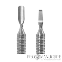 Zoom manche creux grand diamètre et double embout PE-100/5 Staleks Expert 100 repousse arrondi et lame biseautée inclinée pour cuticule ptérygium professionnel