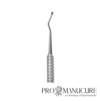 Zoom outil podologique Staleks PE-20/1 manche cannelé antidérapant curette hémisphère arrondie pour retrait callosités et travail péri-unguéal sécurisé
