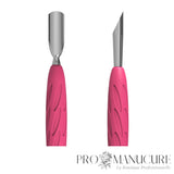 Zoom pousseur Staleks PQ-10/2 acier inoxydable AISI 420 affûtage manuel narrow rounded pusher et slanted pusher orange stick métallique pour cuticules adhérentes