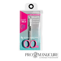 Pack - Ciseaux à cuticule Staleks Pro Smart 40 Type 3 SS-40/3 acier inoxydable lames courbées extra-fines manches allongés inserts silicone roses manucure professionnelle