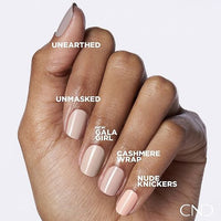 Nuancier CND Shellac Unearthed avec Unmasked, Gala Girl, Cashmere Wrap et Nude Knickers