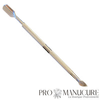 Outil de manucure ProManucure 2-en-1 : Repousse-chair et gouge avec couteau intégré pour le soin des cuticules.