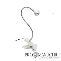 Mini lampe LED blanche ProManucure avec pince et col de cygne flexible pour pose de capsules américaines.