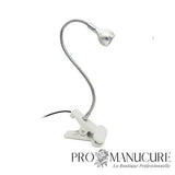 Mini lampe LED blanche ProManucure avec pince et col de cygne flexible pour pose de capsules américaines.