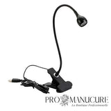 Mini lampe LED noire ProManucure avec pince et col de cygne flexible pour pose de capsules américaines.